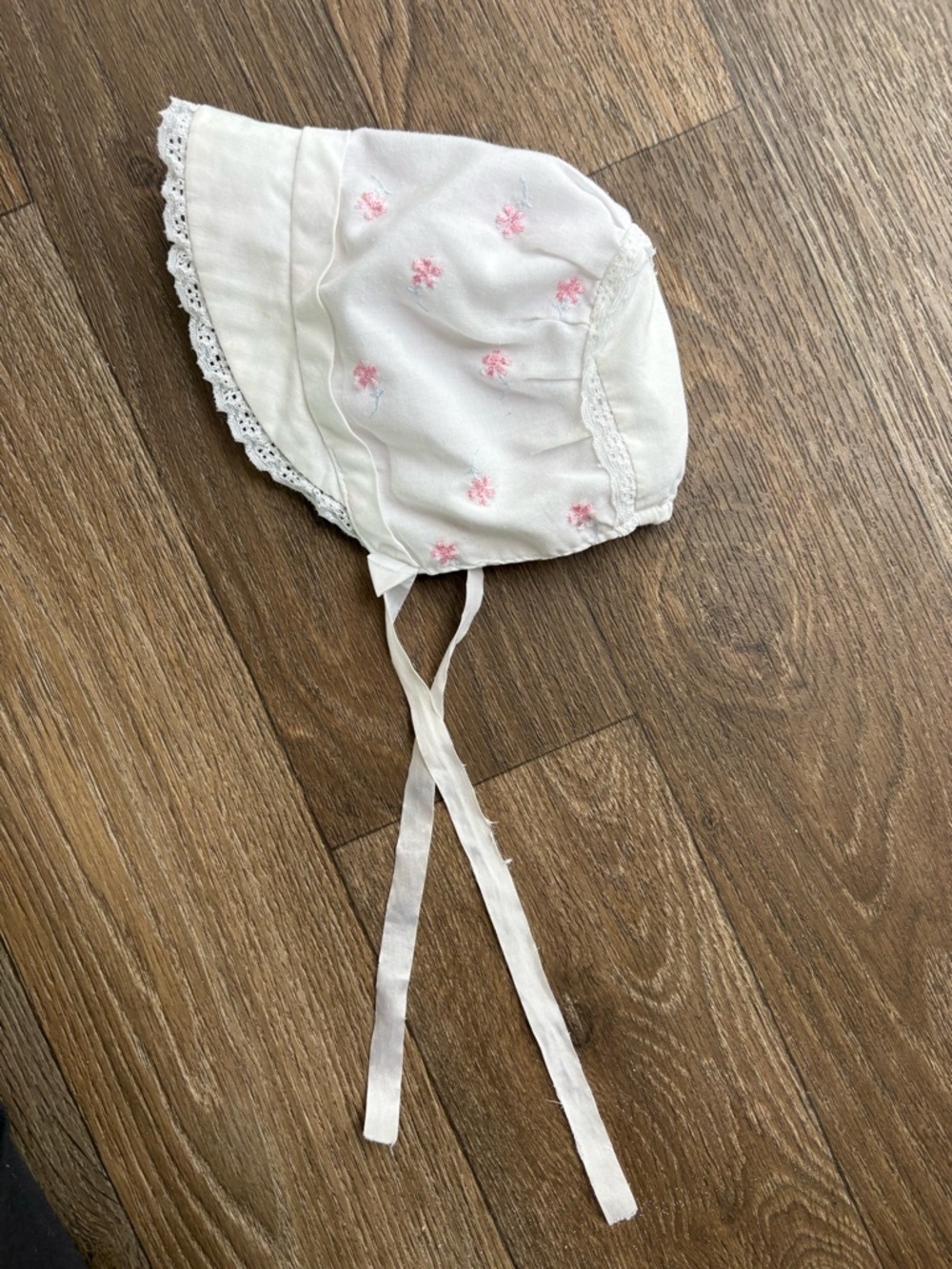 White Baby Bonnet with Pink Floral Embroidery - Infant Sun Hat